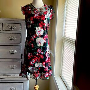 Donna Morgan embroidered dress. Red black green and white. Size 8